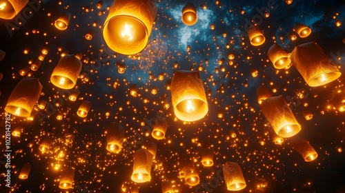 A wide shot of hundreds of lanterns forming a circular pattern, floating upwards into the twilight sky, each lantern casting a warm orange glow photo