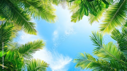 Green Palms Against Blue Sky Background: Vacation and Summer Holidays Concept with Lush Tropical Imagery and Clear Skies.