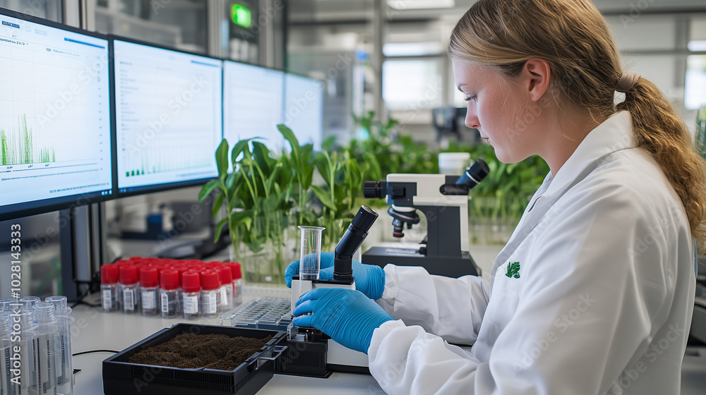 A farmer in a modern lab, wearing gloves and using scientific equipment ...