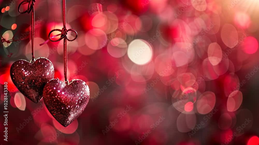 Two sparkling red hearts hang against a backdrop of blurry red lights Two sparkling red hearts hang against a backdrop of blurry red lights