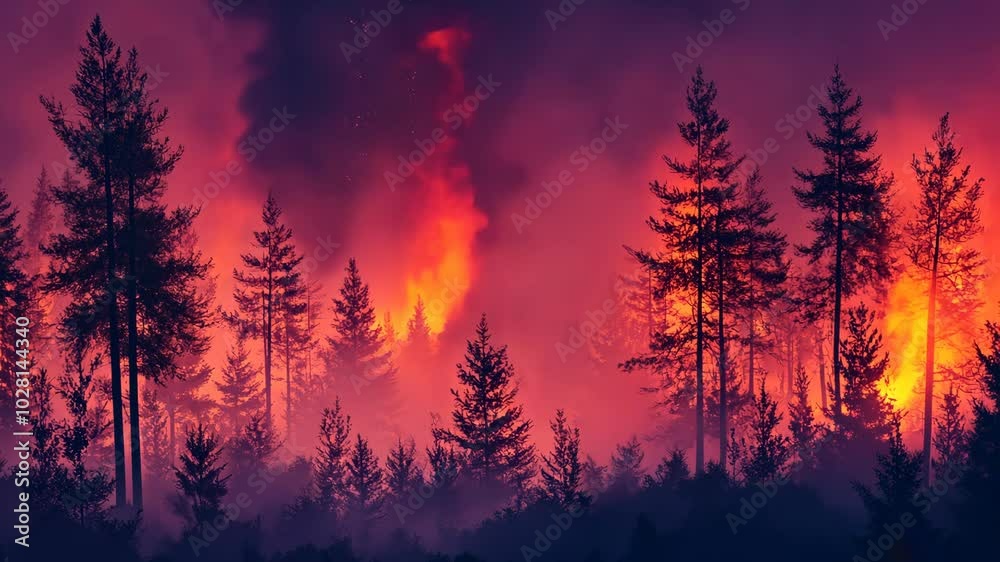 Tall pine trees stand silhouetted against a fiery sky as a forest fire rages in the distance Tall pine trees stand silhouetted against a fiery sky as a forest fire rages in the distance