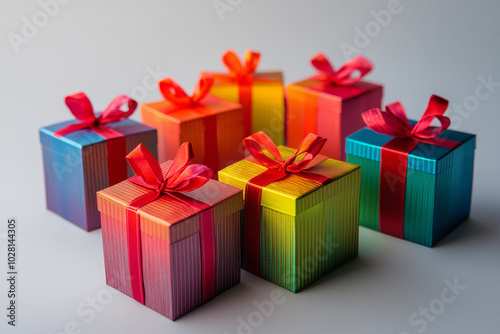 rainbow colors gift boxes elegantly tied with a red ribbon