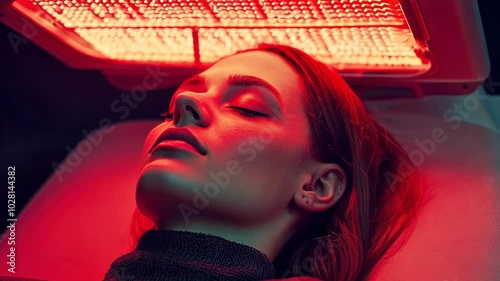 A woman relaxes under a red light therapy device at a spa