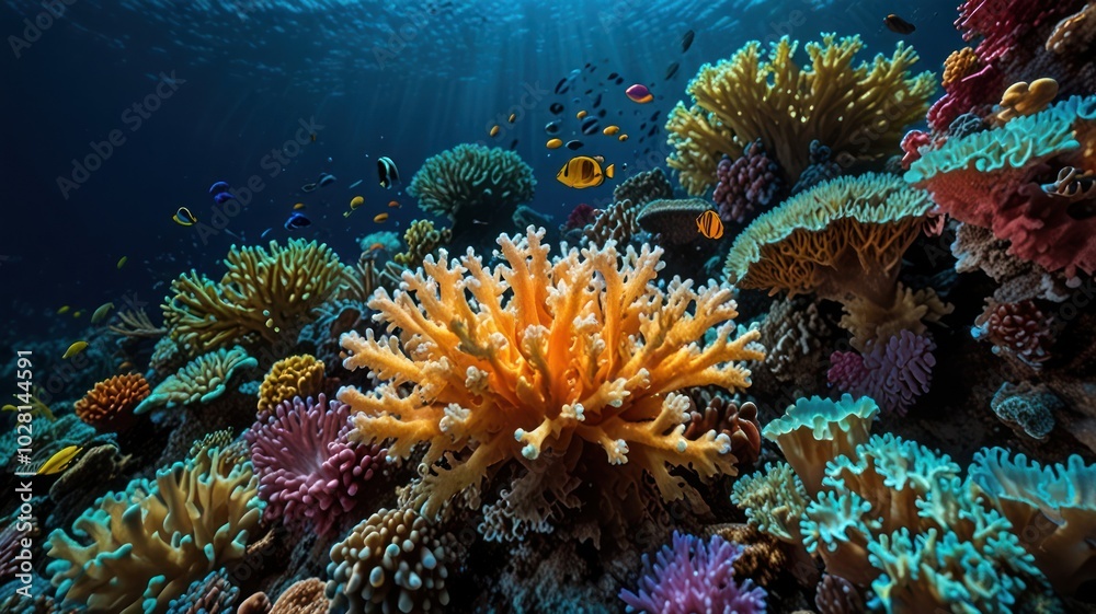 Obraz premium A vibrant underwater scene with a variety of coral species in different shapes and colors. A school of fish swim by.