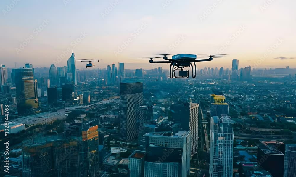 drone delivering goods over city skyline drone delivering goods over city skyline