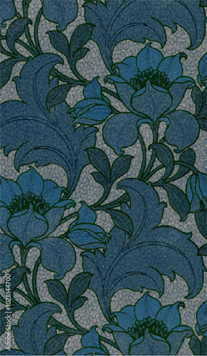  vintage floral wallpaper with blue stylized flowers and green leaves on a crackled background.