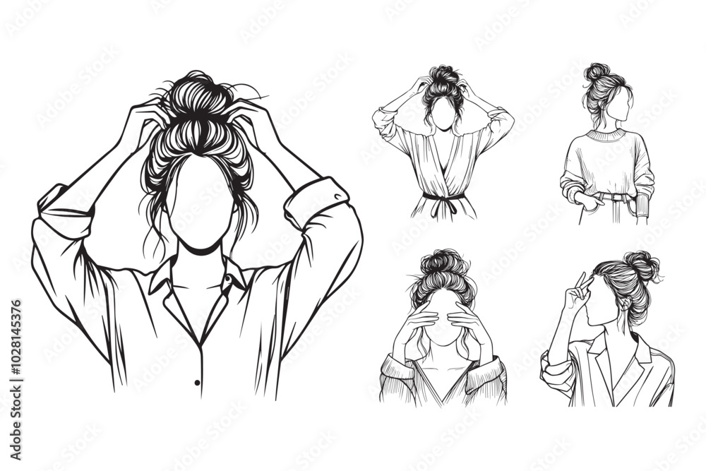 Line Art Beauty Women Model Pose With Messy Bun Hair Art Black and White Illustration Hand Drawn Clipart Line Art Beauty Women Model Pose With Messy Bun Hair Art Black and White Illustration Hand Drawn Clipart