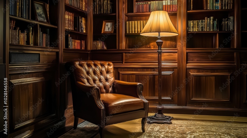 Perspective shot of a luxurious reading nook featuring a plush leather armchair beside a floor lamp rich wood paneling creating a serene retreat Perspective shot of a luxurious reading nook featuring a plush leather armchair beside a floor lamp rich wood paneling creating a serene retreat