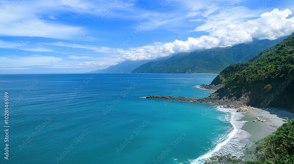 A serene and vibrant blue sea under a clear sky, with gentle waves rippling across the surface, reflecting the sunlight. The peaceful expanse of the ocean stretches into the horizon, evoking feelings 