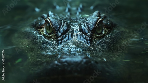 Crocodile swimming stealthily in murky water with only its eyes and snout visible above the surface photo