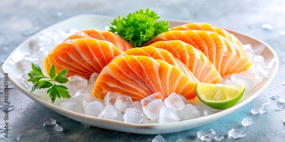 Fresh Salmon Sashimi, Delicately Arranged on a Bed of Ice and Garnished with a Lime Wedge and Parsley Fresh Salmon Sashimi, Delicately Arranged on a Bed of Ice and Garnished with a Lime Wedge and Parsley