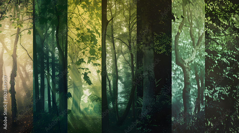Fototapeta premium Mystical Forest Gradient: Deep greens, emerald, and hints of mossy browns transitioning like light filtering through dense foliage, creating a mysterious,