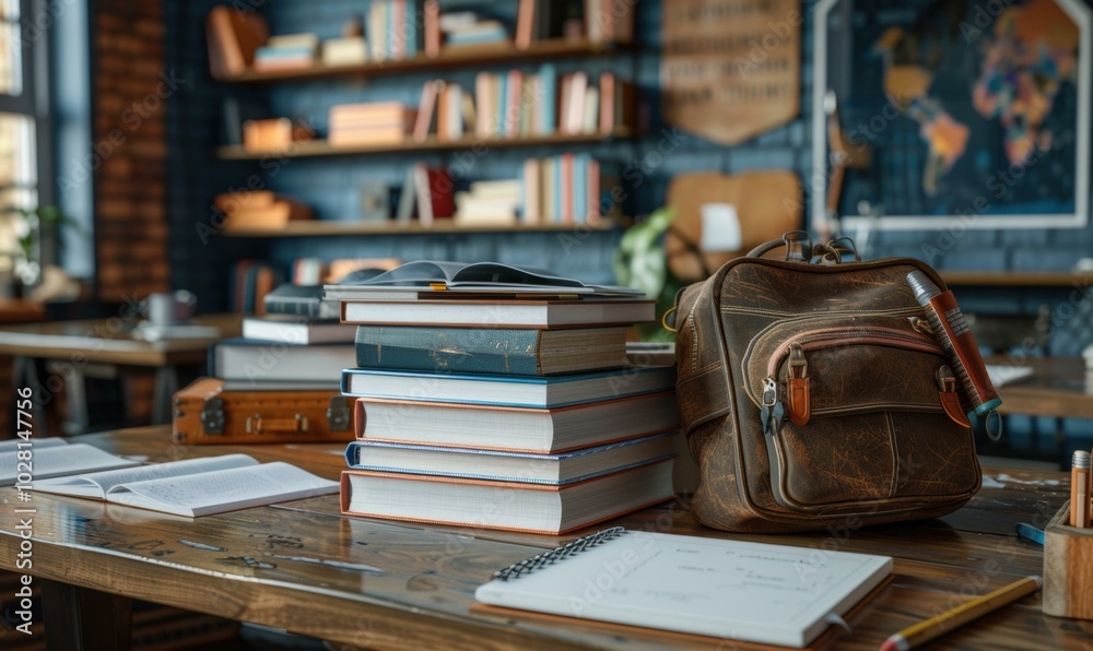 Fototapeta premium A stack of books, a backpack, and a notebook on a wooden table. AI.