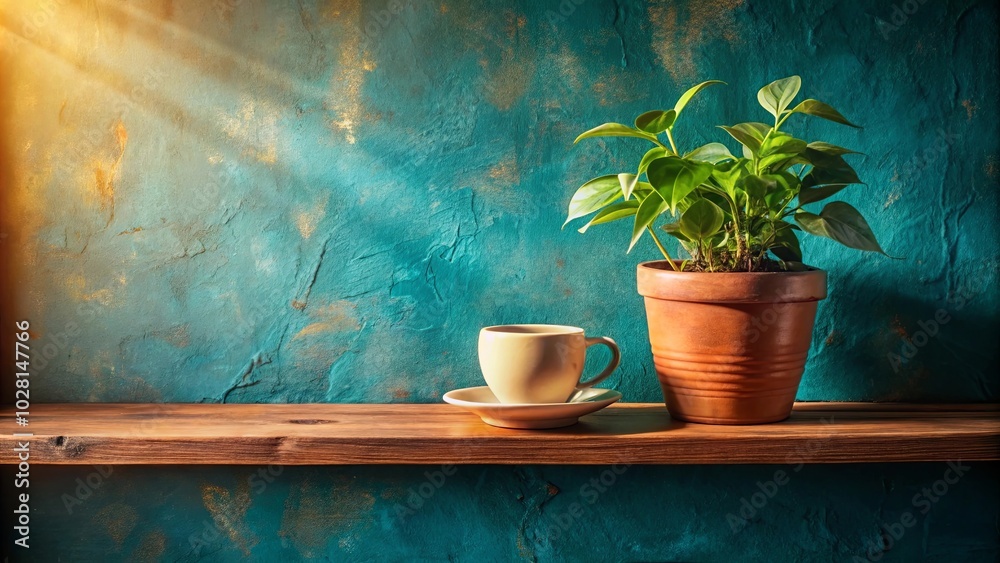 A sunlit shelf with a potted plant and a ceramic cup resting on its surface, set against a vibrant teal wall with a textured finish.