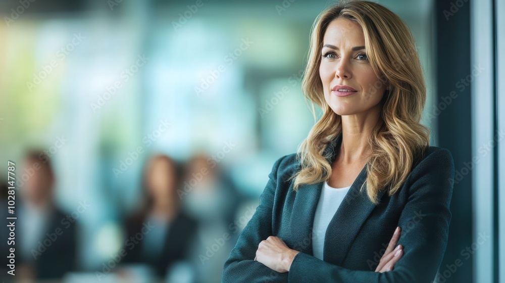 Naklejka premium A confident businesswoman with crossed arms standing in a modern office environment, looking ahead with focus and determination, embodying leadership and success.