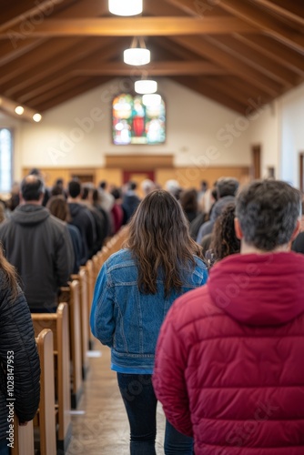 Church community practicing an evacuation drill during service, congregation members learning how to exit safel