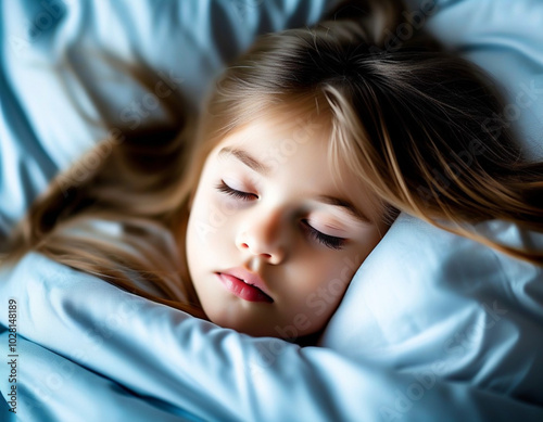 Peaceful young girl sleeping soundly in her cozy bed surrounded by soft blue blankets. Her long eyelashes resting gently against her cheeks. Soft blue blankets. Morning light. Serene expression. AI