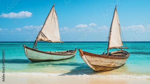 Two traditional wooden sailboats with white sails rest on a pristine tropical beach, their hulls kissed by crystal-clear turquoise waters under a bright blue sky.