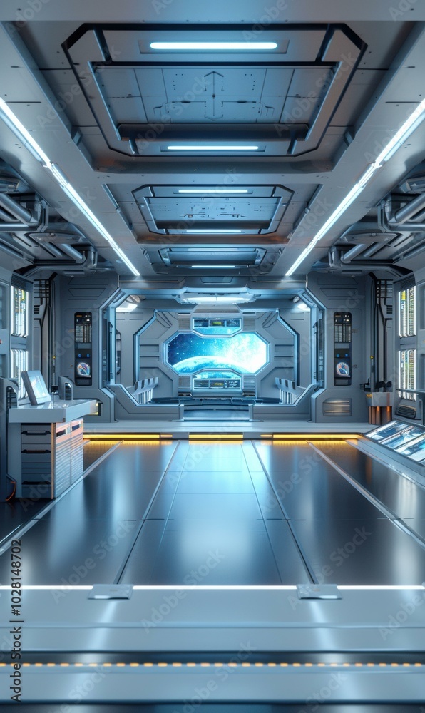 Obraz premium A futuristic hallway with a large window overlooking space. AI.