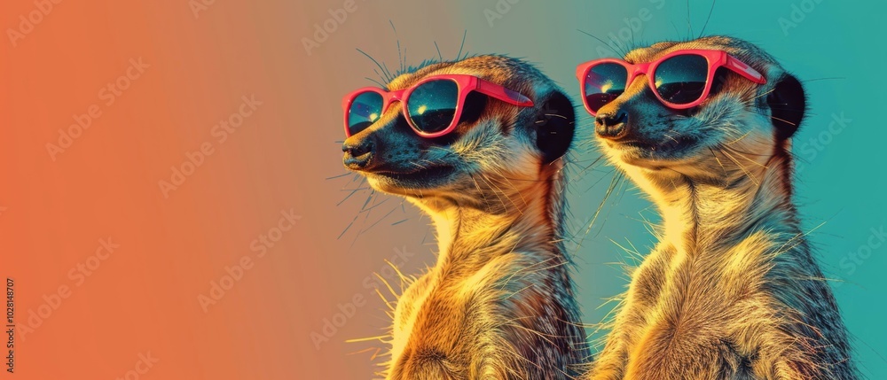 Two meerkats wearing sunglasses. AI. Two meerkats wearing sunglasses. AI.