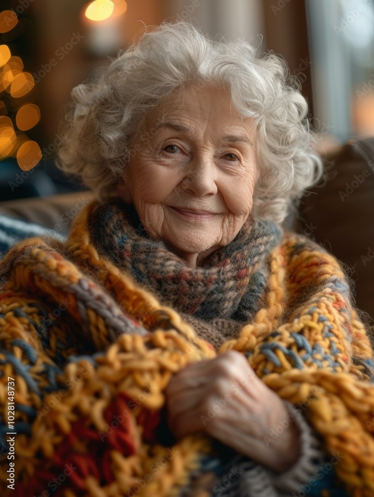 A woman smiles warmly as she sits wrapped in a cozy blanket. AI.