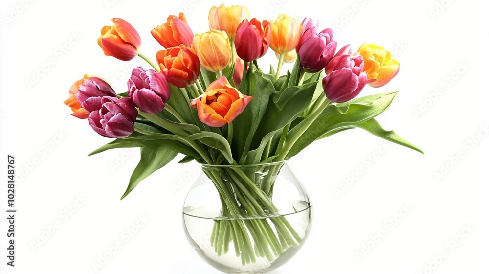 Vibrant bouquet of colorful tulips in a clear glass vase, featuring a mix of red, orange, yellow, and purple blooms against a white background. Vibrant bouquet of colorful tulips in a clear glass vase, featuring a mix of red, orange, yellow, and purple blooms against a white background.