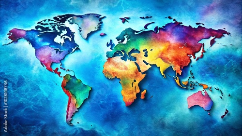 A Vibrant Watercolor Map of the World, Depicting Every Continent with Vivid Hues and Shadows, Embracing the Diversity of Our Planet