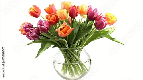Wallpaper Mural Vibrant bouquet of colorful tulips in a clear glass vase, featuring a mix of red, orange, yellow, and purple blooms against a white background. Torontodigital.ca