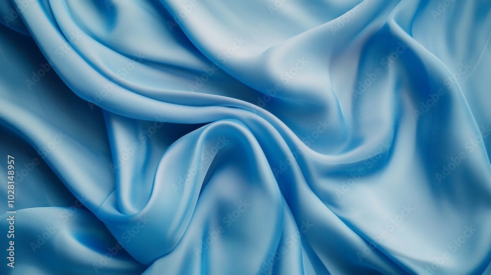 Fototapeta premium Elegant waves of silky blue fabric create a mesmerizing texture, evoking a sense of luxury and tranquility. The soft folds and gentle curves capture light beautifully.