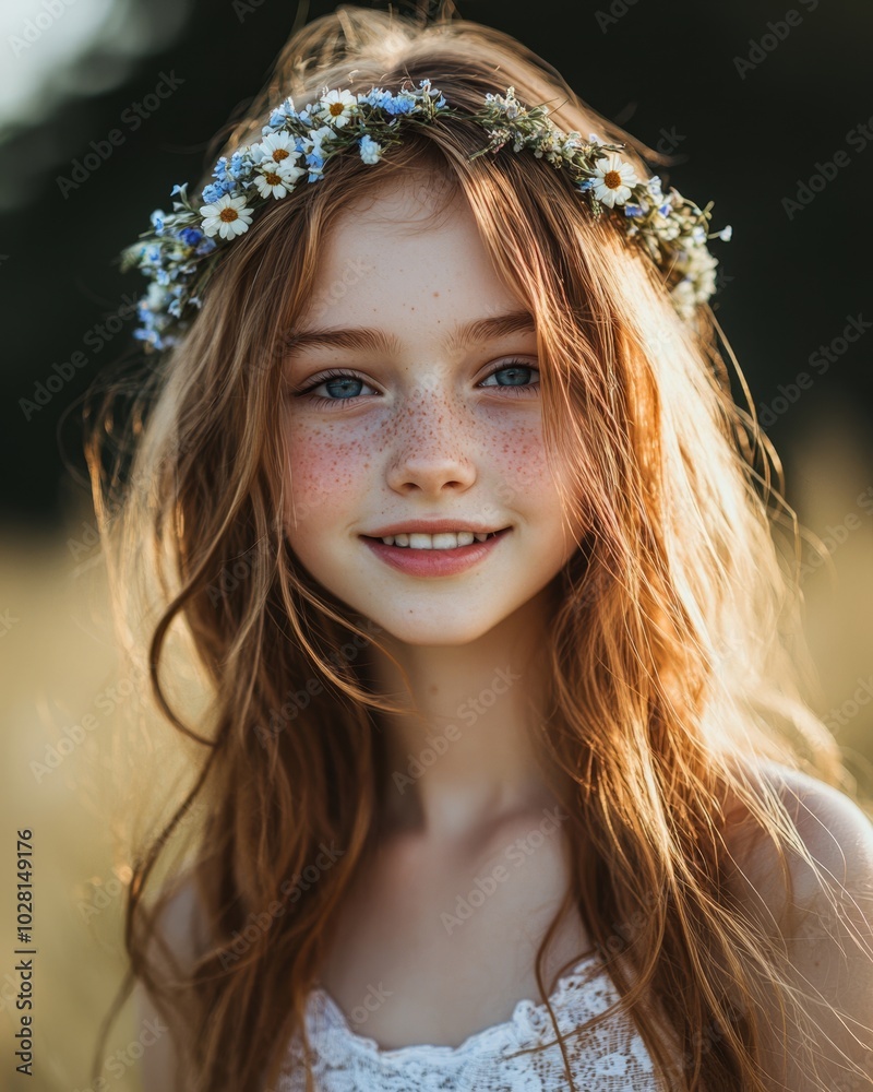 Fototapeta premium Young Girl with Flower Crown in Natural Light
