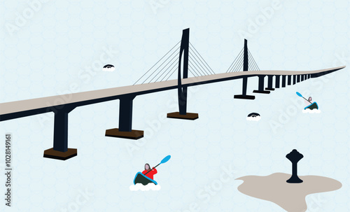 People hanging out enjoying moments by boat in the sea spot illustration also have bridge into sea – tourist spot illustration theme with spending excellent time in sea beach