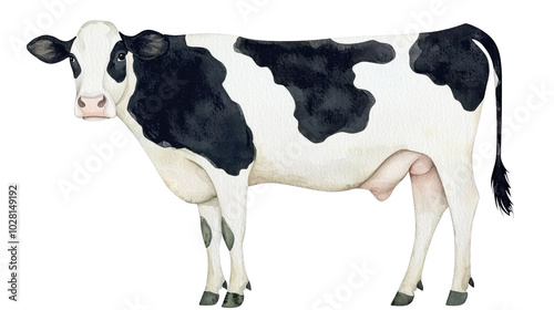 Transparent Watercolor Illustration of a Black and White Cow Side View
