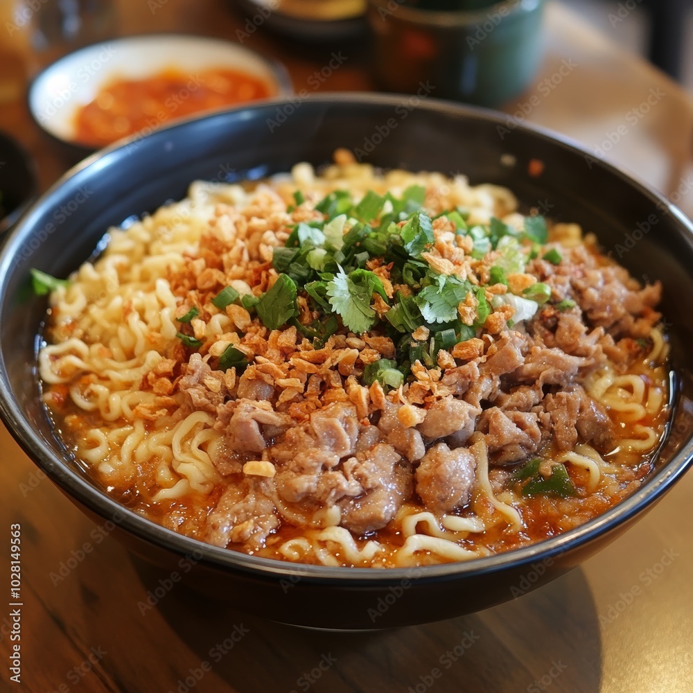 Delicious Bowl of Noodles with Fresh Toppings Delicious Bowl of Noodles with Fresh Toppings