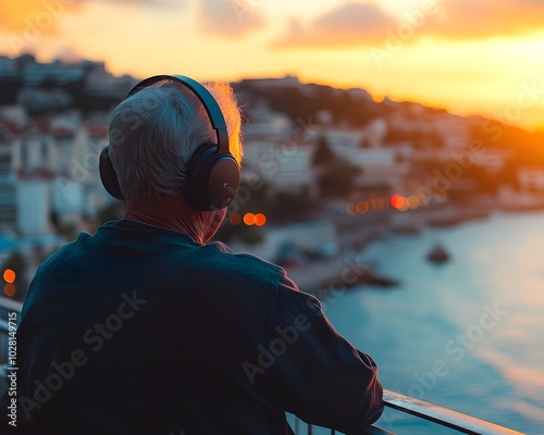 Oldster on a balcony with wireless headphones, enjoying music, a peaceful seaside town in the background, golden hour lighting photo