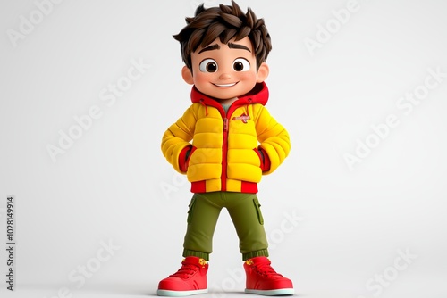 Cheerful Cartoon Boy in Bright Yellow Jacket