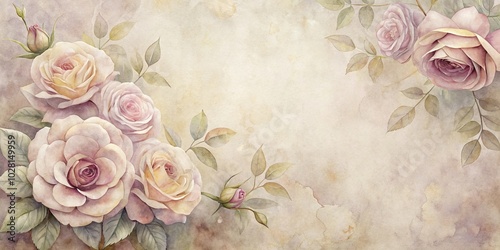A Delicate Watercolor Illustration Featuring a Grouping of Softly Colored Roses Against a Vintage Paper Background With Water Stains