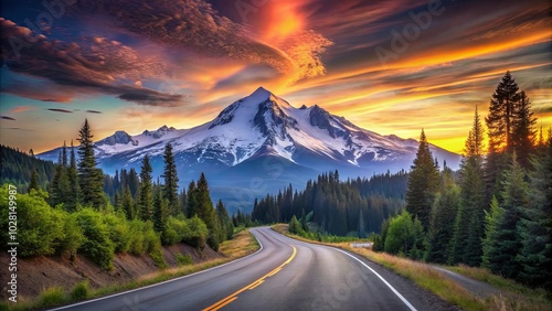 Serene Winding Road Through Evergreen Forest Leading to a Majestic Snow-Capped Mountain Peak Bathed in the Glow of a Vivid Sunset