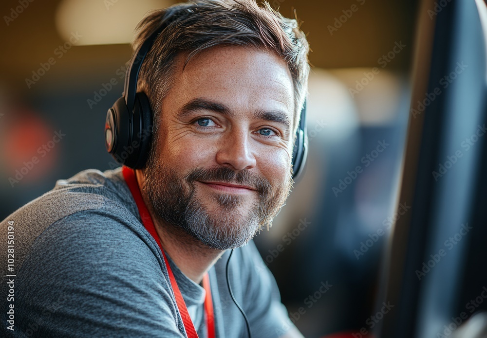 Smiling man wearing headphones at work. Smiling man wearing headphones at work.