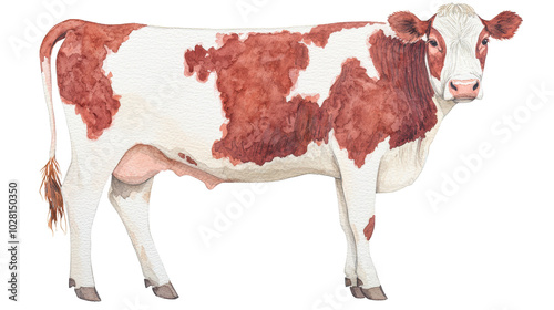 Transparent Watercolor Illustration of a Red and White Cow Side View
