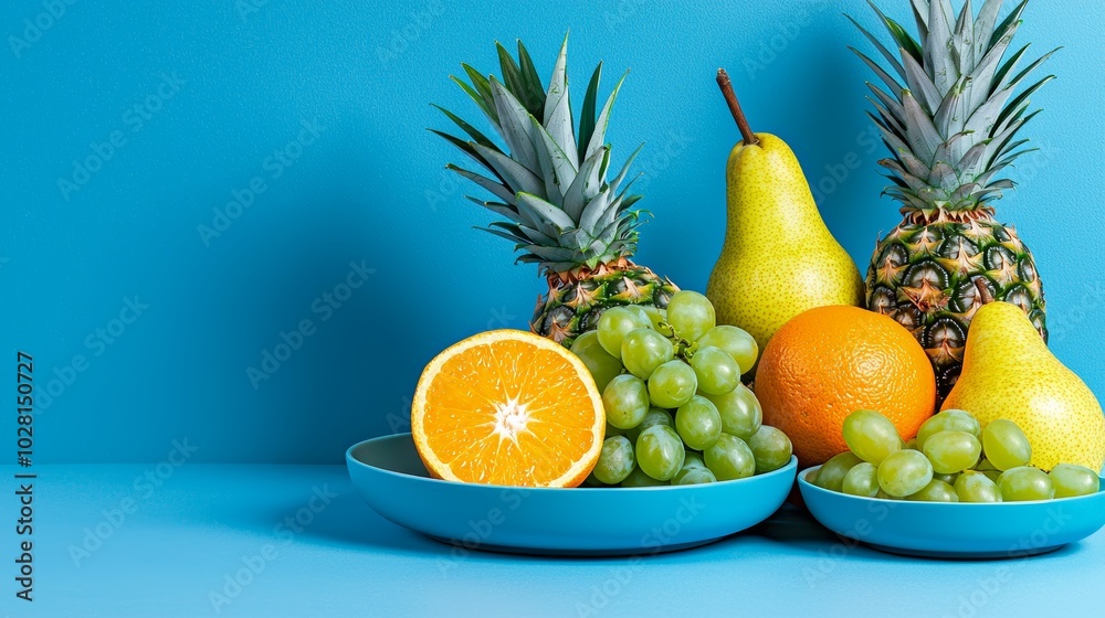 Vibrant Fruit Arrangement on Sleek Blue Background Vibrant Fruit Arrangement on Sleek Blue Background