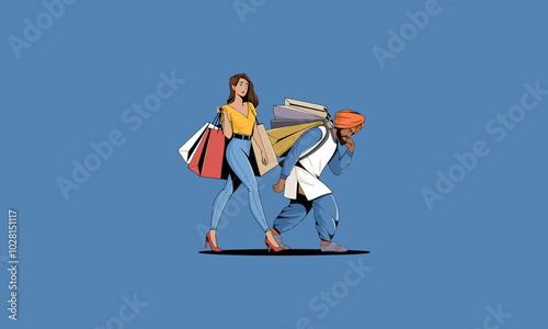 Man carrying heavy shopping bags for a woman.