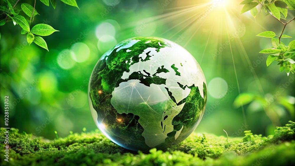A Crystal Globe Depicting a World Covered in Lush Greenery, Resting on a Bed of Moss with the Sun's Rays Radiating Through the Foliage A Crystal Globe Depicting a World Covered in Lush Greenery, Resting on a Bed of Moss with the Sun's Rays Radiating Through the Foliage