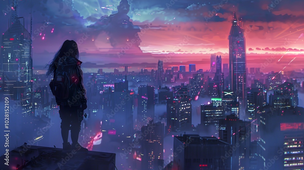Futuristic Cityscape: A Lonely Figure at Sunset Futuristic Cityscape: A Lonely Figure at Sunset
