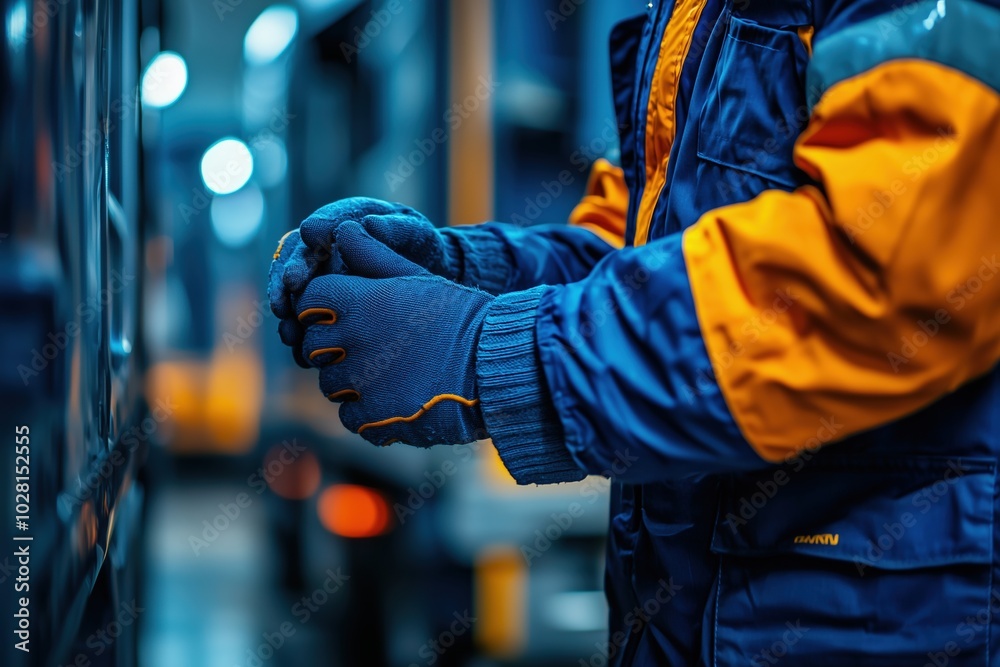 Truck driver putting on protective gloves in industrial environment, promoting safety and preparedness at work