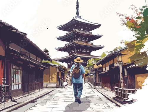 white background, Man exploring the ancient city of Kyoto, Japan, very simple and isolate in the style of animated illustrations, white background
