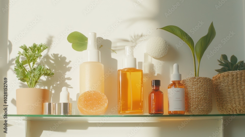 Serene Skincare Composition: Luminous Display of Plant-based Products on Glass Shelf with Sunlight, Botanical Beauty Ritual, Organic Skin Care Essentials Serene Skincare Composition: Luminous Display of Plant-based Products on Glass Shelf with Sunlight, Botanical Beauty Ritual, Organic Skin Care Essentials