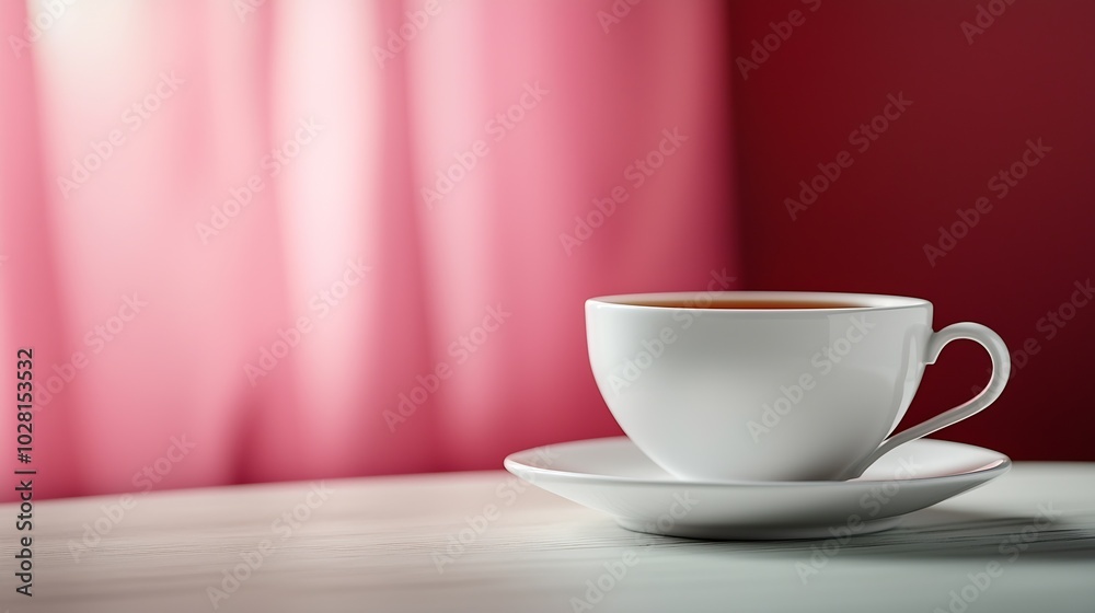 Tea in white cup on pink background Copy space Top view : Generative AI Tea in white cup on pink background Copy space Top view : Generative AI