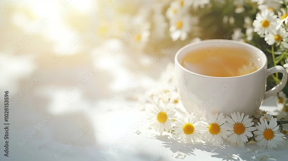 White cup of camomile herbal tea with a Bunch Of Camomile Daisy flowers in an enamel metal vintage jug on a white background : Generative AI White cup of camomile herbal tea with a Bunch Of Camomile Daisy flowers in an enamel metal vintage jug on a white background : Generative AI