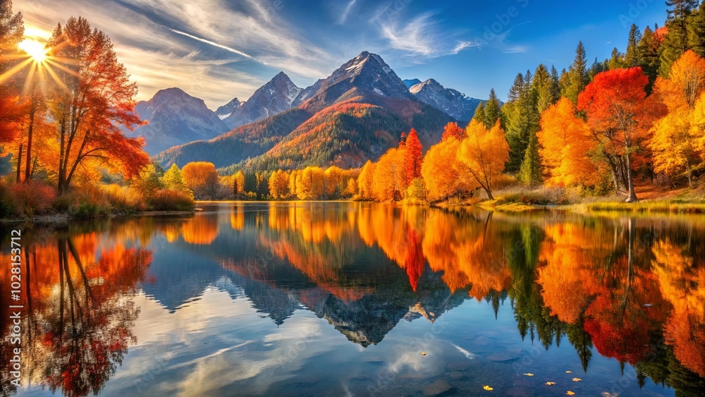 Fototapeta premium A serene reflection of a mountain lake in the heart of a vibrant autumn forest, showcasing a canopy of golds, oranges, and reds, illuminated by the warm glow of a rising sun.
