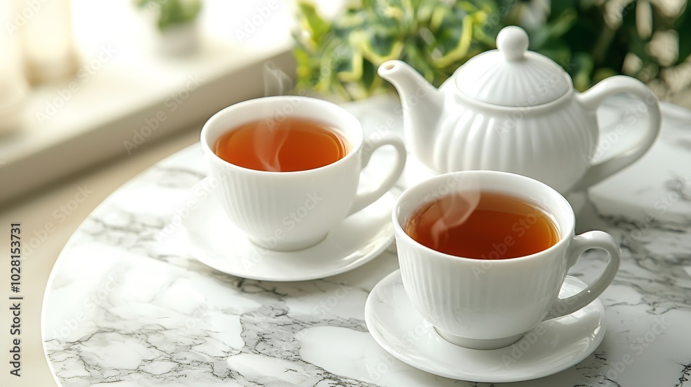 Tea in mugs with teapot on marble background Copy space : Generative AI Tea in mugs with teapot on marble background Copy space : Generative AI